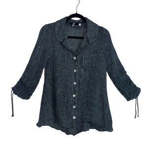 Fenini Pearl Button Front Linen Top Lagenlook Top Charcoal Women's Size XS